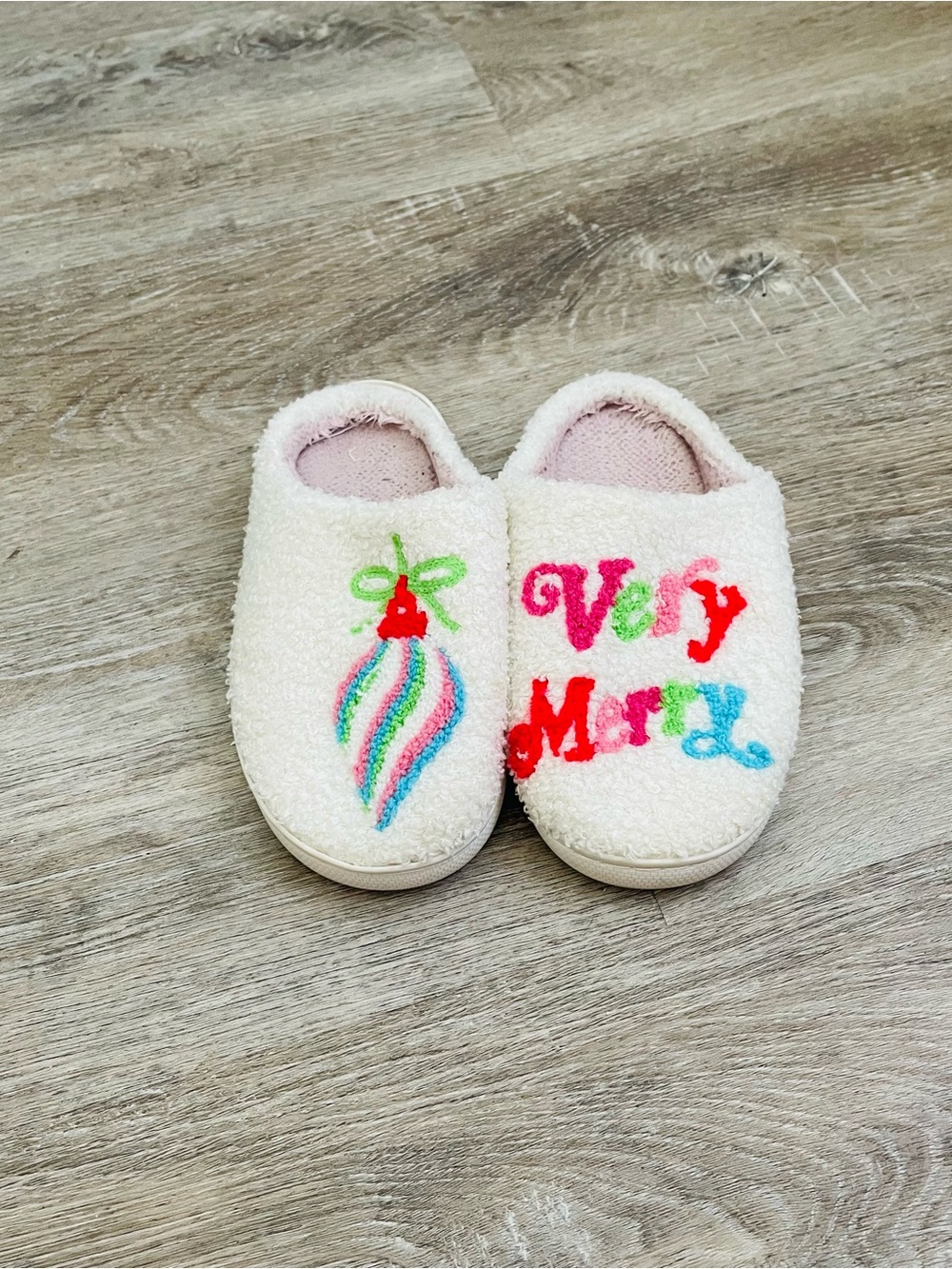 White Plush Christmas Slippers with Colorful Holiday Embroidery